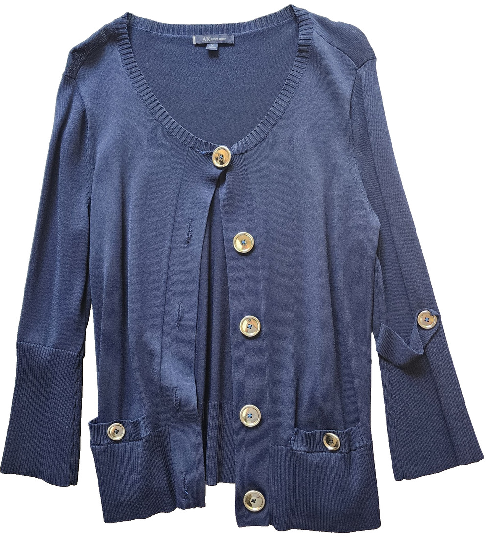 Anne Klein Cardigan Medium Navy Button Up Half Sleeve Sweater Career Office